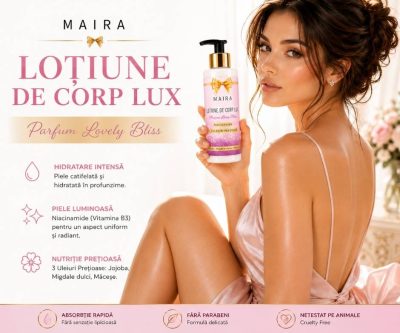 Loțiune de corp Lux cu Niacinamide pentru hidratarea pielii, varianta Lovely Bliss, în recipient de 100 ml cu pompiță.