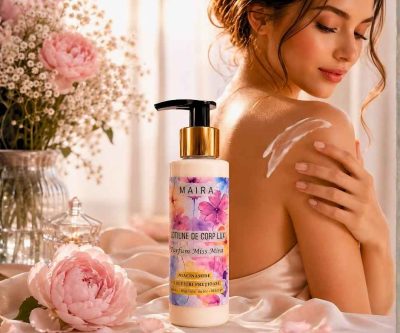Loțiune de corp Lux cu Niacinamide, vitamina E și uleiuri prețioase, varianta Miss Mira, într-un recipient de 100 ml cu pompiță.