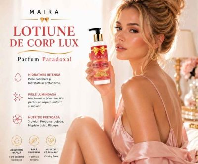 Loțiune de corp Lux cu Niacinamide pentru hidratarea pielii, varianta Paradoxal, în recipient de 100 ml cu pompiță.