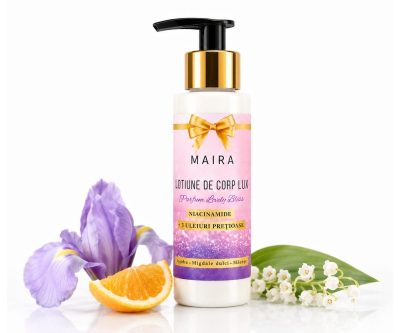 Loțiune de corp Lux cu Niacinamide pentru hidratarea pielii, varianta Lovely Bliss, în recipient de 100 ml cu pompiță.