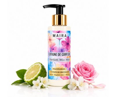 Loțiune de corp Lux cu Niacinamide, vitamina E și uleiuri prețioase, varianta Miss Mira, într-un recipient de 100 ml cu pompiță.