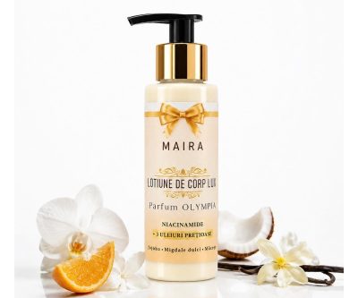 Loțiune de corp Lux cu Niacinamide pentru hidratarea pielii, varianta Olympia, în recipient de 100 ml cu pompiță.