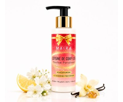 Loțiune de corp Lux cu Niacinamide pentru hidratarea pielii, varianta Paradoxal, în recipient de 100 ml cu pompiță.