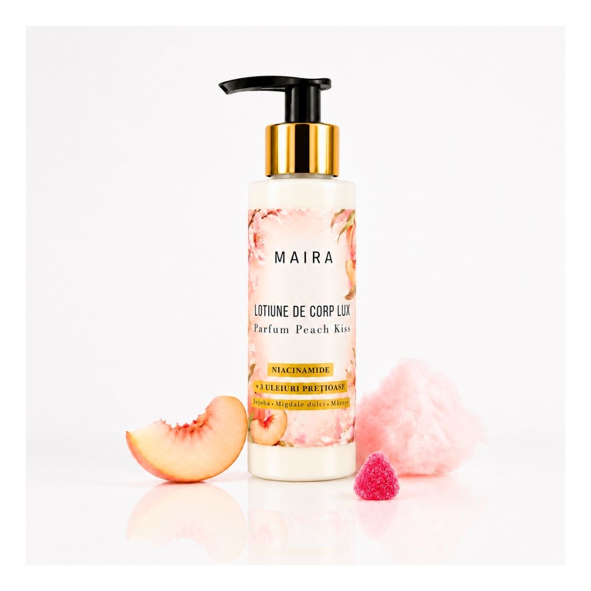lotiune-de-corp-lux-niacinamide-peach-kiss Loțiune de corp Lux cu Niacinamide pentru hidratarea pielii, varianta Peach Kiss, în recipient de 100 ml cu pompiță.