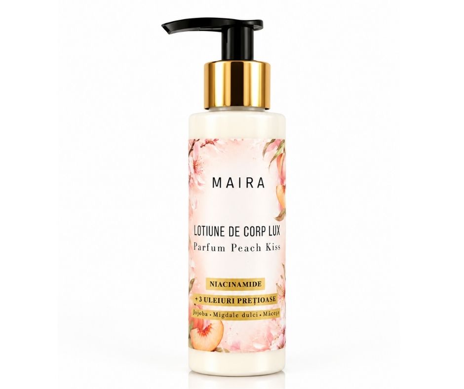 lotiune-de-corp-lux-niacinamide-peach-kiss-100ml. Loțiune de corp Lux cu Niacinamide pentru hidratarea pielii, varianta Peach Kiss, în recipient de 100 ml cu pompiță.