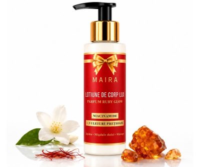 Loțiune de corp Lux cu Niacinamide pentru hidratarea pielii, varianta Ruby Glow, în recipient de 100 ml cu pompiță.