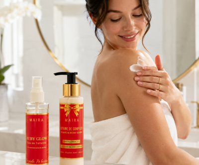 Set Ruby Glow cu Loțiune de Corp Lux și Eau de Toilette. Parfum lemnos-ambrat, misterios și magnetic, cu șofran, iasomie și ambră.