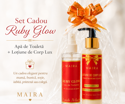 Set Ruby Glow cu Loțiune de Corp Lux și Eau de Toilette. Parfum lemnos-ambrat, misterios și magnetic, cu șofran, iasomie și ambră.