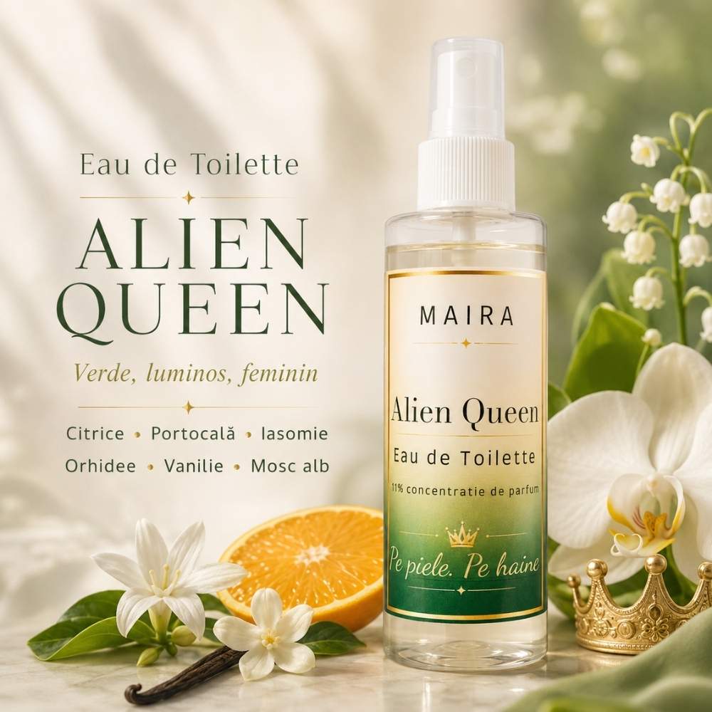 eau-de-toilette-alien-queen-cocos-iasomie-vanilie. Eau de Toilette Alien Queen 100 ml, parfum ambrat floral pentru femei, prezentat pe fundal alb