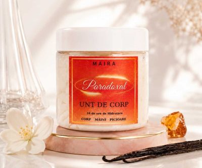 Unt de corp hidratant Paradoxal MAIRA, textura cremoasa cu unt de shea si ulei de migdale, parfum flori, ambra si vanilie