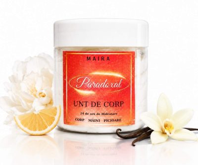 Unt de corp hidratant Paradoxal MAIRA, textura cremoasa cu unt de shea si ulei de migdale, parfum flori, ambra si vanilie