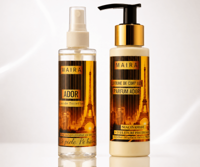 Set Ador cu Loțiune de Corp Lux și Eau de Toilette. Parfum floral, feminin și elegant, cu mandarină, iasomie, trandafir și mosc.
