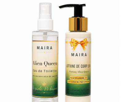Set Alien Queen cu Loțiune de Corp Lux și Eau de Toilette. Parfum floral-ambrat cu bergamotă, apă de cocos, iasomie și vanilie.
