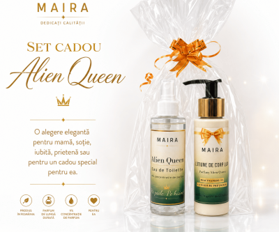 Set Alien Queen cu Loțiune de Corp Lux și Eau de Toilette. Parfum floral-ambrat cu bergamotă, apă de cocos, iasomie și vanilie.