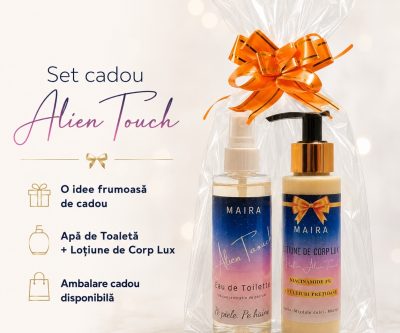Set Alien Touch cu Loțiune de Corp Lux și Eau de Toilette. Parfum oriental-floral intens, cu iasomie, ambră, vanilie și mosc alb.