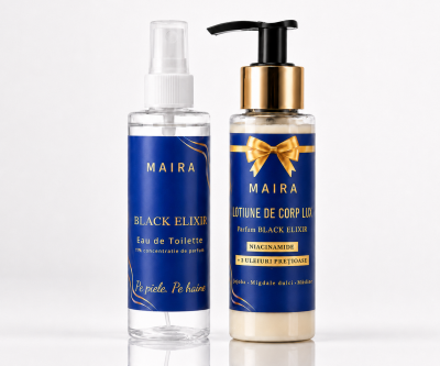 Set Black Elixir cu Loțiune de Corp Lux și Eau de Toilette. Parfum gourmand intens, cu vanilie, ambră și o notă discretă de cafea.