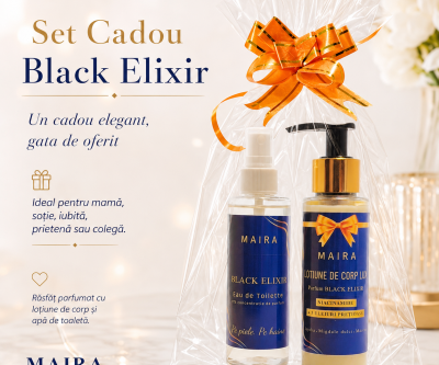 Set Black Elixir cu Loțiune de Corp Lux și Eau de Toilette. Parfum gourmand intens, cu vanilie, ambră și o notă discretă de cafea.
