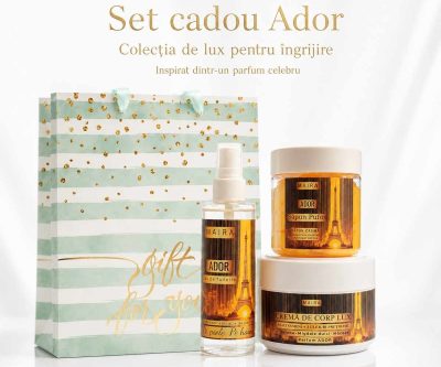 Set Ador cu Eau de Toilette, Cremă de Corp Lux și Scrub 2 în 1 cu Zahăr. Ritual complet cu parfum floral, feminin și elegant.