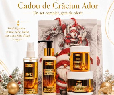 Set Ador cu Eau de Toilette, Loțiune de Corp, Scrub Emulsifiant și Săpun Pufos. Ritual complet de îngrijire și parfumare, ideal pentru cadou.