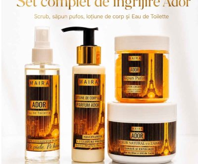 Set Ador cu Eau de Toilette, Loțiune de Corp, Scrub Emulsifiant și Săpun Pufos. Ritual complet de îngrijire și parfumare, ideal pentru cadou.
