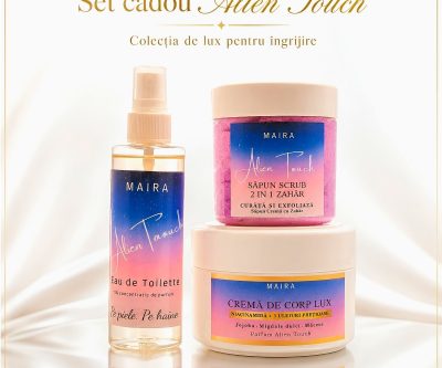 Set Alien Touch cu Eau de Toilette, Cremă de Corp Lux și Scrub 2 în 1 cu Zahăr. Ritual complet cu parfum intens de iasomie, ambră și vanilie.