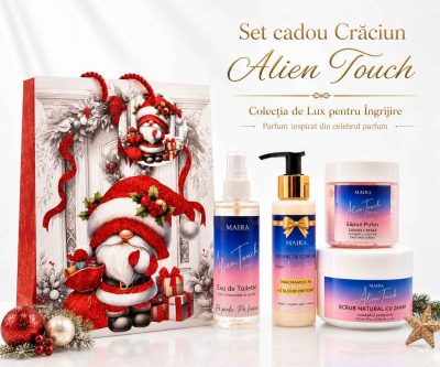 Set Alien Touch cu Eau de Toilette, loțiune, scrub emulsifiant și săpun pufos. Ritual complet cu parfum intens de iasomie, ambră și vanilie.