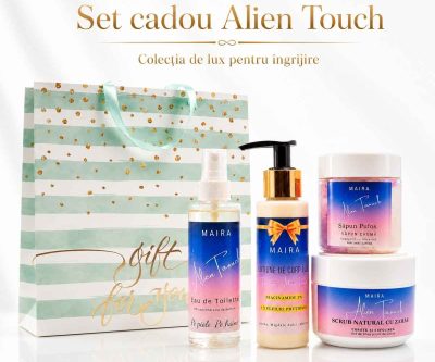 Set Alien Touch cu Eau de Toilette, loțiune, scrub emulsifiant și săpun pufos. Ritual complet cu parfum intens de iasomie, ambră și vanilie.