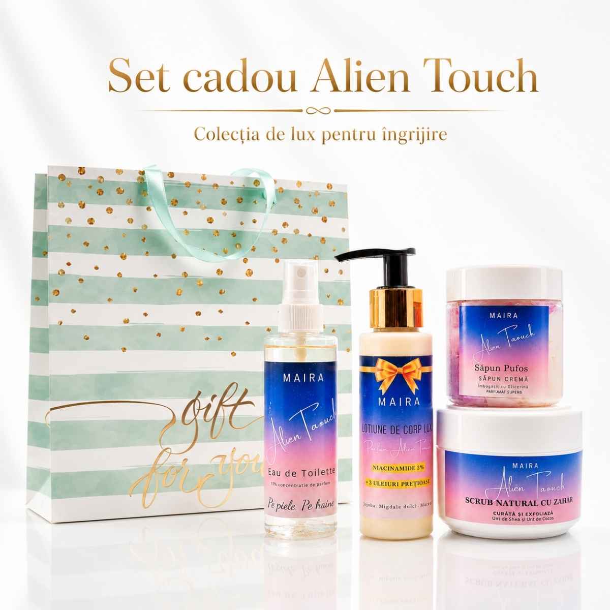 set-cadou-alien-touch-4-produse-maira-cadou-pentru-ea-parfum-feminin-hidratare Set Alien Touch cu Eau de Toilette, loțiune, scrub emulsifiant și săpun pufos. Ritual complet cu parfum intens de iasomie, ambră și vanilie.