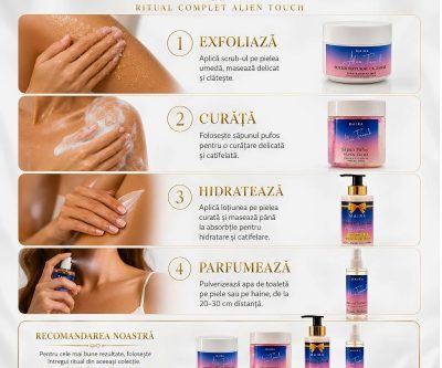 Set Alien Touch cu Eau de Toilette, loțiune, scrub emulsifiant și săpun pufos. Ritual complet cu parfum intens de iasomie, ambră și vanilie.
