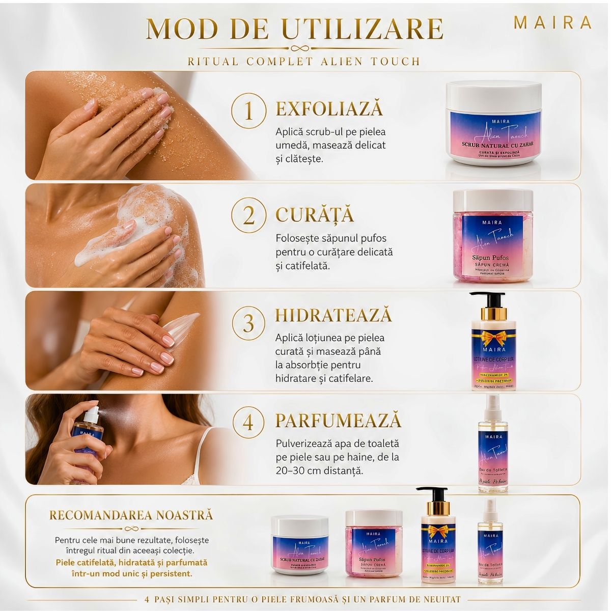set-cadou-alien-touch-4-produse-maira-mod-de-utilizare Set Alien Touch cu Eau de Toilette, loțiune, scrub emulsifiant și săpun pufos. Ritual complet cu parfum intens de iasomie, ambră și vanilie.