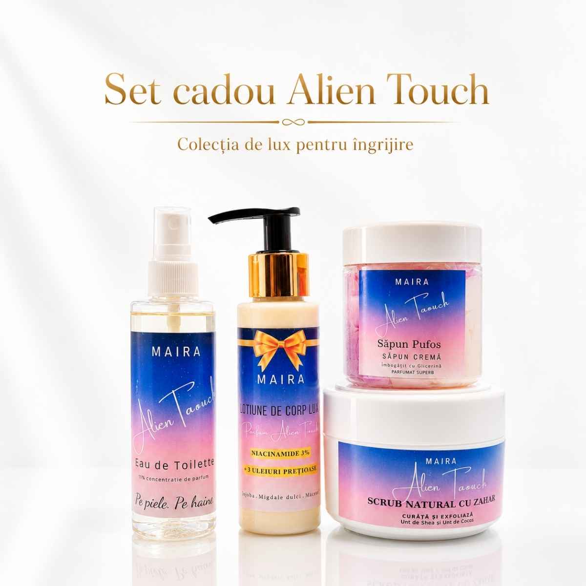 set-cadou-alien-touch-4-produse-maira Set Alien Touch cu Eau de Toilette, loțiune, scrub emulsifiant și săpun pufos. Ritual complet cu parfum intens de iasomie, ambră și vanilie.