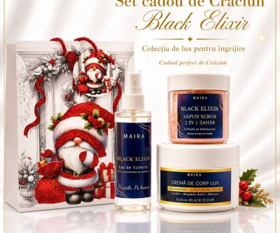 Set Black Elixir cu Eau de Toilette, Cremă de Corp Lux și Scrub 2 în 1 cu Zahăr. Ritual complet cu parfum gourmand, vanilie, ambră și cafea.
