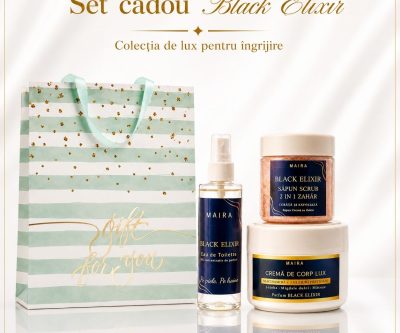 Set Black Elixir cu Eau de Toilette, Cremă de Corp Lux și Scrub 2 în 1 cu Zahăr. Ritual complet cu parfum gourmand, vanilie, ambră și cafea.