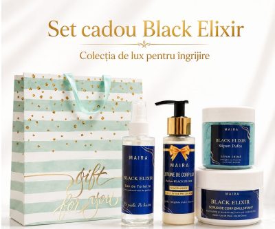 Set Black Elixir cu Eau de Toilette, loțiune, scrub emulsifiant și săpun pufos. Ritual complet cu parfum gourmand, vanilie, ambră și cafea.