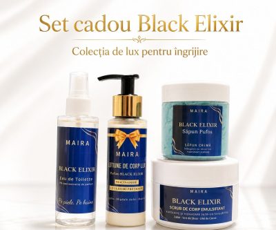 Set Black Elixir cu Eau de Toilette, loțiune, scrub emulsifiant și săpun pufos. Ritual complet cu parfum gourmand, vanilie, ambră și cafea.