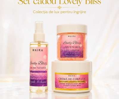 Set Lovely Bliss cu Eau de Toilette, Cremă de Corp Lux și Săpun-Scrub 2 în 1. Ritual complet cu parfum dulce-pudrat, ideal pentru cadou.