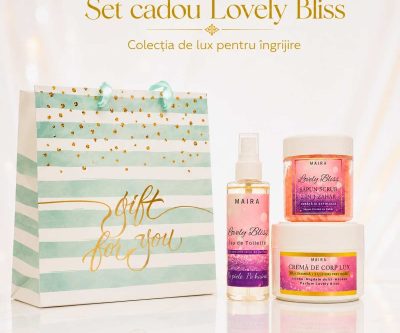 Set Lovely Bliss cu Eau de Toilette, Cremă de Corp Lux și Săpun-Scrub 2 în 1. Ritual complet cu parfum dulce-pudrat, ideal pentru cadou.