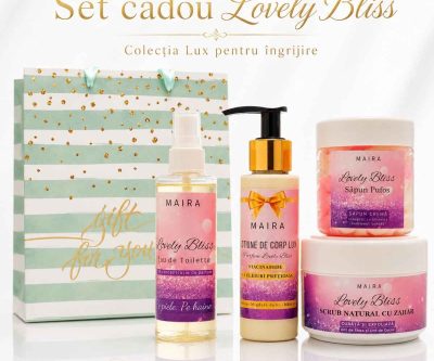 Set Lovely Bliss cu Eau de Toilette, Loțiune de Corp, Scrub Emulsifiant și Săpun Pufos. Ritual complet de îngrijire și parfumare, ideal pentru cadou.