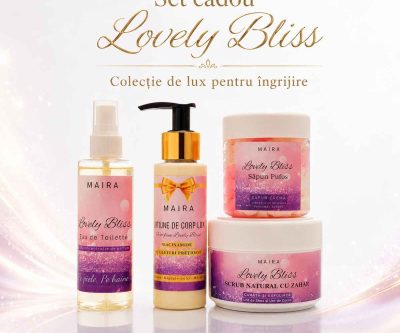 Set Lovely Bliss cu Eau de Toilette, Loțiune de Corp, Scrub Emulsifiant și Săpun Pufos. Ritual complet de îngrijire și parfumare, ideal pentru cadou.