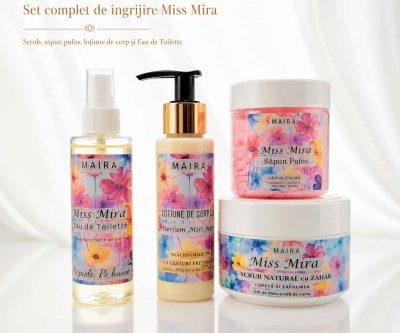 Set Miss Mira cu Eau de Toilette, Loțiune de Corp, Scrub Emulsifiant și Săpun Pufos. Ritual complet de îngrijire și parfumare, ideal pentru cadou.