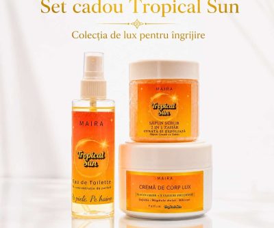 Set Tropical Sun cu Eau de Toilette, Cremă de Corp Lux și Săpun-Scrub 2 în 1. Ritual solar cu cocos, fistic și caramel, ideal pentru cadou.