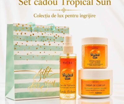 Set Tropical Sun cu Eau de Toilette, Cremă de Corp Lux și Săpun-Scrub 2 în 1. Ritual solar cu cocos, fistic și caramel, ideal pentru cadou.