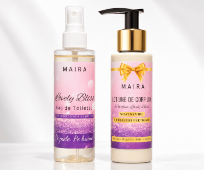 Set Lovely Bliss cu Loțiune de Corp Lux și Eau de Toilette. Un parfum dulce-pudrat, feminin și confortabil, ideal pentru răsfăț sau cadou.