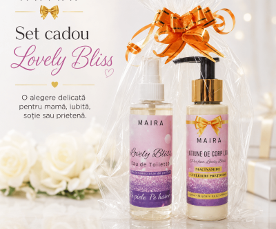 Set Lovely Bliss cu Loțiune de Corp Lux și Eau de Toilette. Un parfum dulce-pudrat, feminin și confortabil, ideal pentru răsfăț sau cadou.