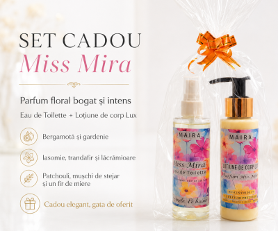 Set Miss Mira cu Loțiune de Corp Lux și Eau de Toilette. Un parfum floral bogat și elegant, cu iasomie, trandafir, patchouli și ambră.