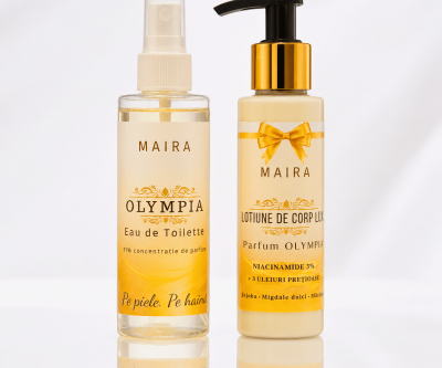 Set Olympia cu Loțiune de Corp Lux și Eau de Toilette. Parfum fructat și solar, cu portocală, cocos, flori, vanilie și santal.