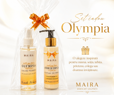 Set Olympia cu Loțiune de Corp Lux și Eau de Toilette. Parfum fructat și solar, cu portocală, cocos, flori, vanilie și santal.