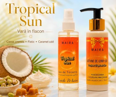 Set Tropical Sun cu Loțiune de Corp Lux și Eau de Toilette. Un parfum solar, cremos și exotic, cu cocos, fistic și caramel, ideal pentru răsfăț sau cadou.