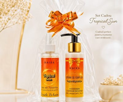 Set Tropical Sun cu Loțiune de Corp Lux și Eau de Toilette. Un parfum solar, cremos și exotic, cu cocos, fistic și caramel, ideal pentru răsfăț sau cadou.