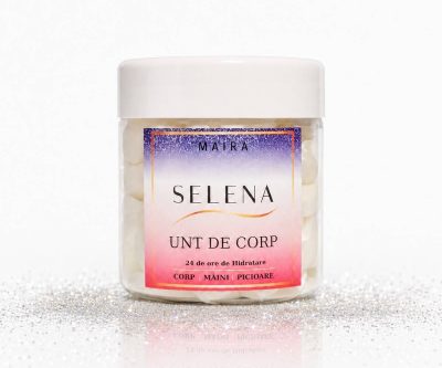 Unt de corp cu sclipici argintiu Selena MAIRA, cu unt de shea și ulei de migdale, efect iluminator glow